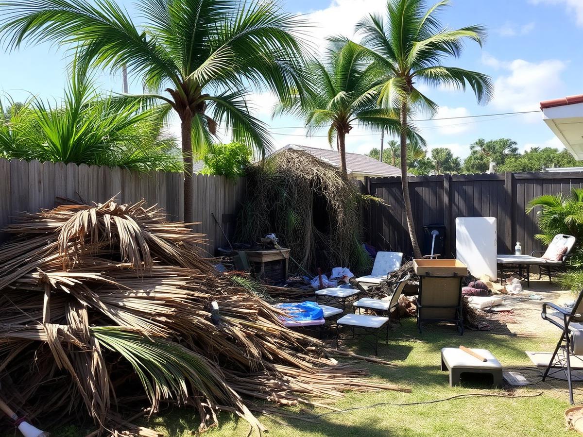 Backyard piled with palm fronds and storm debris before cleanup