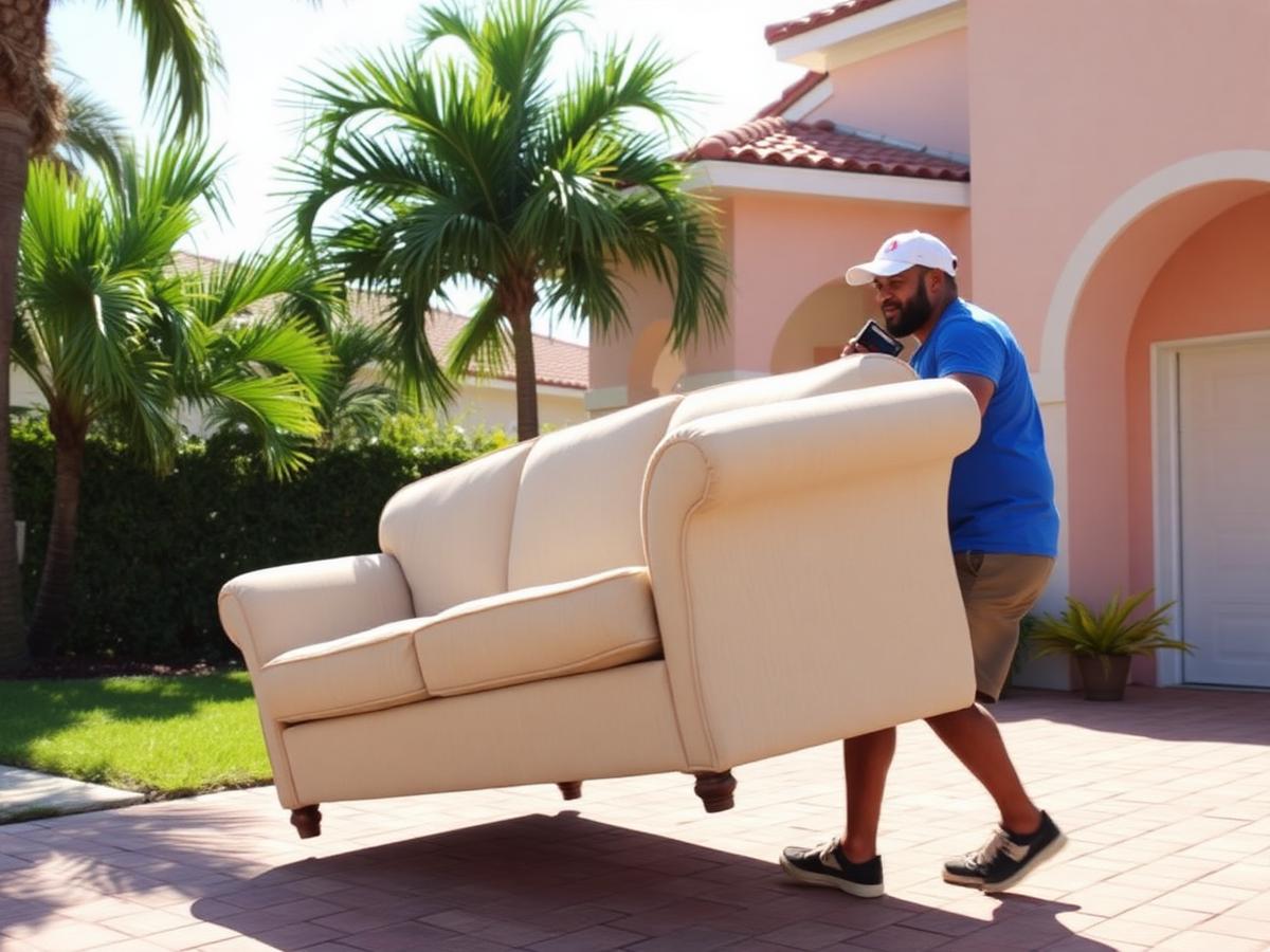 Crew member carrying an old couch out of a Miami home driveway