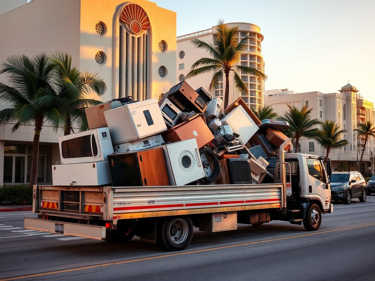 Junk removal truck loaded with old appliances on a Miami Beach street